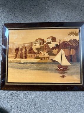 Vintage Sorrento Italy Marquetry Wood Picture, Inlaid Wood Sailboat Coastal Scen